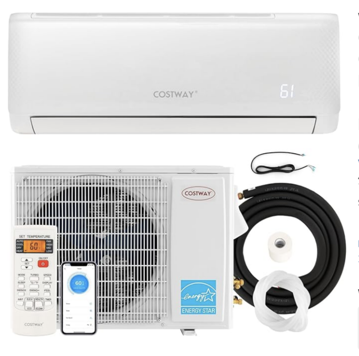 COSTWAY 24000 BTU Mini Split Air Conditioner, Energy Star, with Remote, Compatible with Alexa, Googlehome, Heat Pump, 21 SEER2 Inverter, 24H Timer, for Rooms up to 1500 Sq.Ft (Airtural Series) WIFI + R32