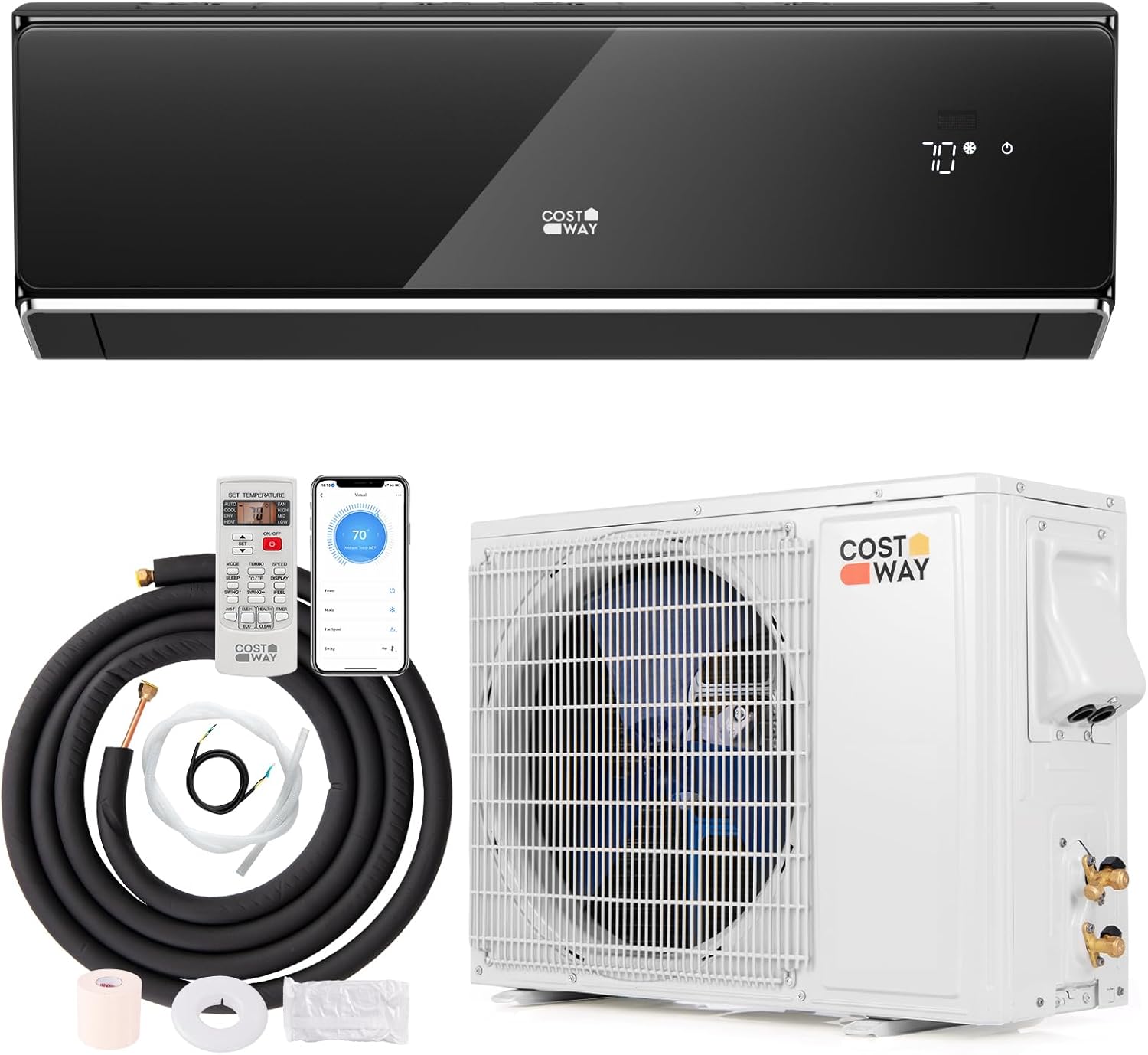 COSTWAY 12,000 BTU BLACK Mini Split AC & Heat Pump - R32 Gas, 208-230V, WiFi Yes, 22 SEER2