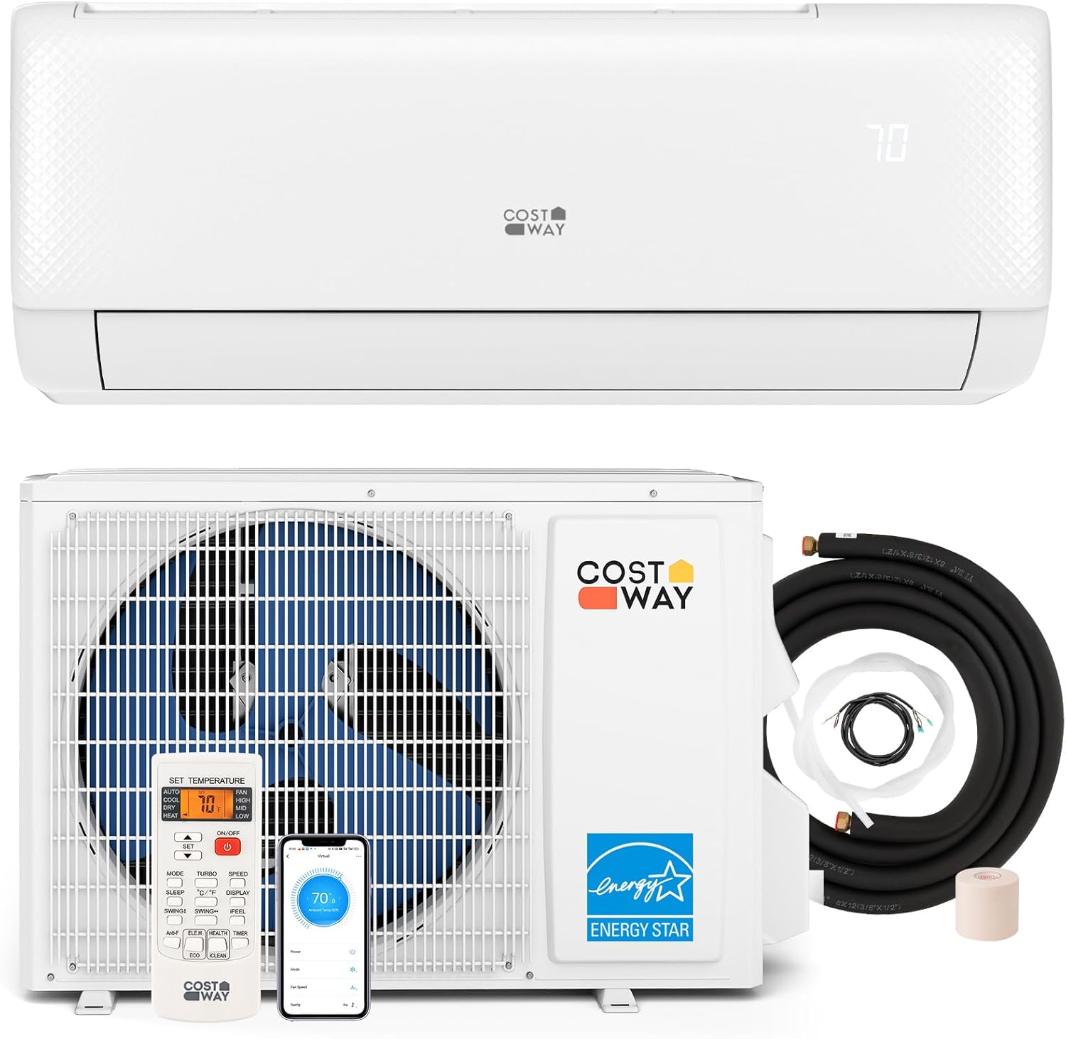 COSTWAY 24000 BTU Mini Split Air Conditioner, Energy Star, with Remote, Compatible with Alexa, Googlehome, Heat Pump, 21 SEER2 Inverter, 24H Timer, for Rooms up to 1500 Sq.Ft (Airtural Series) WIFI + R32